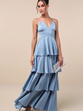 Lulu's Going with Elegance Slate Blue Satin Tiered Gown Size XS